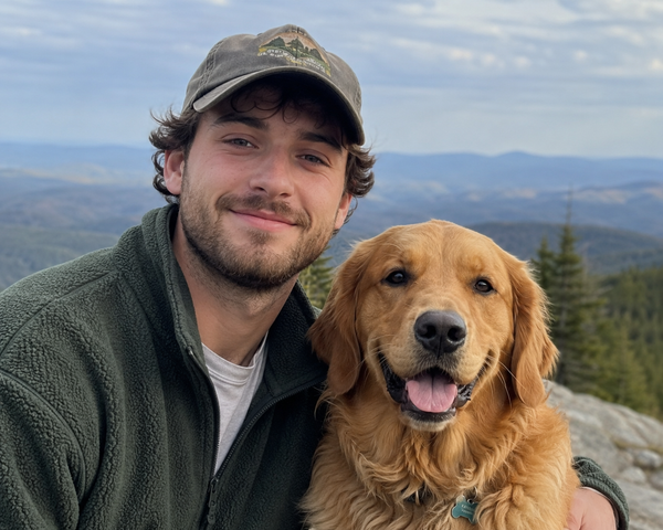 Golden retriever resting while wearing the therapy belt