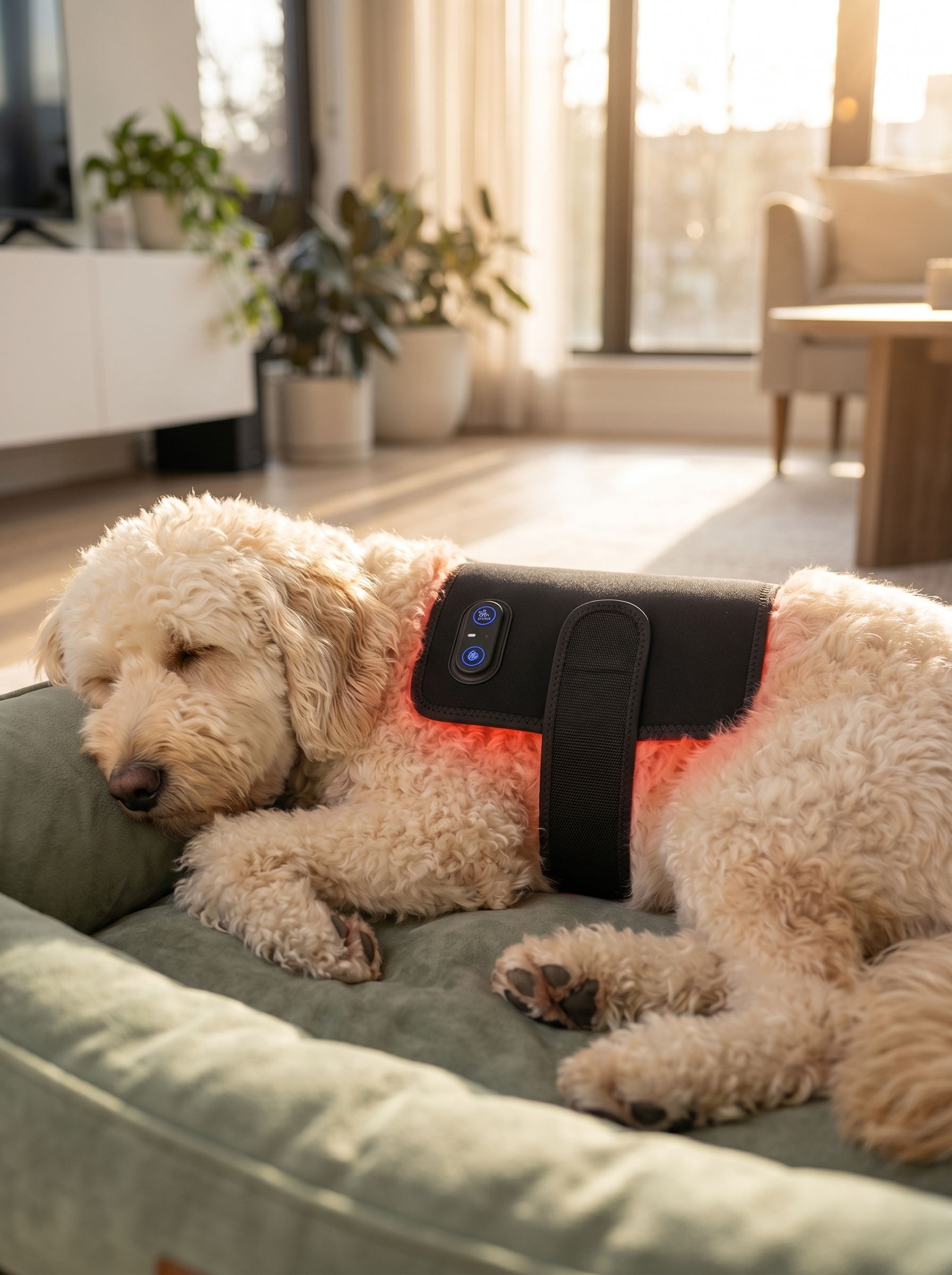 Wagspry belt on a Goldendoodle napping
