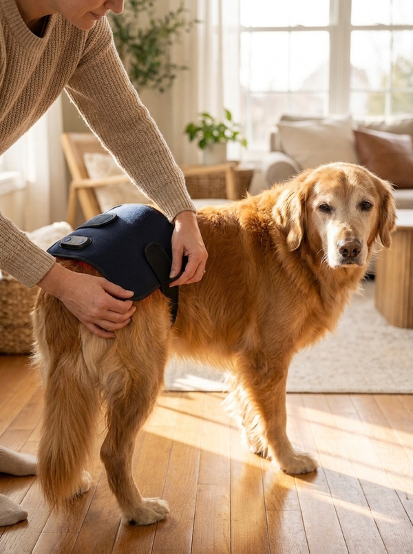 The adjustable belt wraps comfortably over hips, back, or joints — most dogs settle right in.