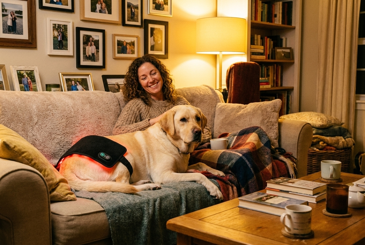 Dog getting red light therapy at home